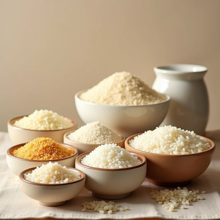 Variedade de tipos de grãos de arroz em diferentes tigelas.