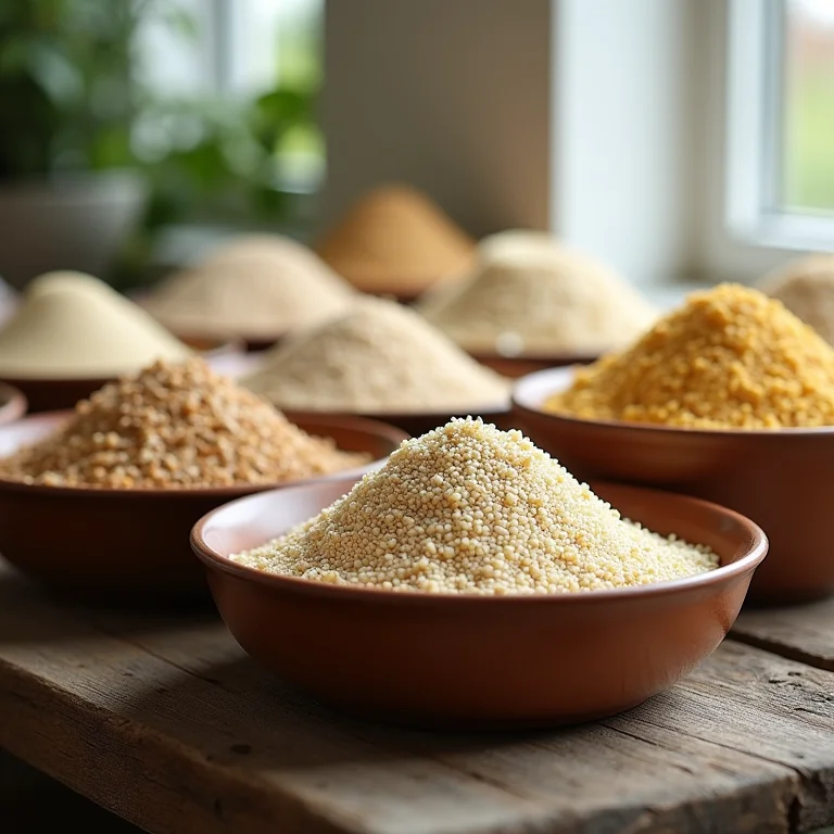 Variedade de tipos de sêmola (espelta, kamut, etc.).