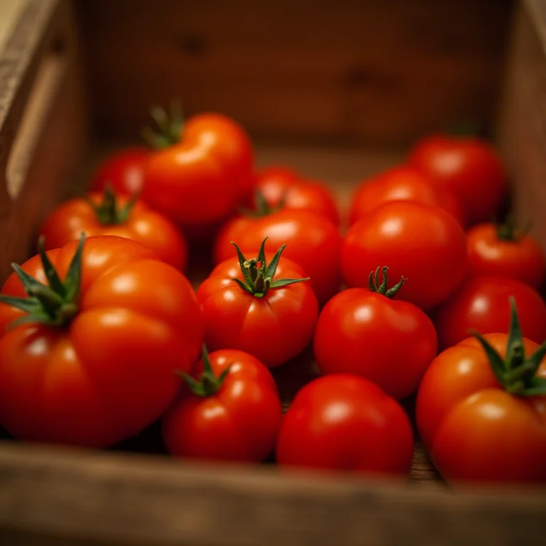 Variedade de tomates frescos (italiano, cereja e débora) em uma caixa de madeira rústica.