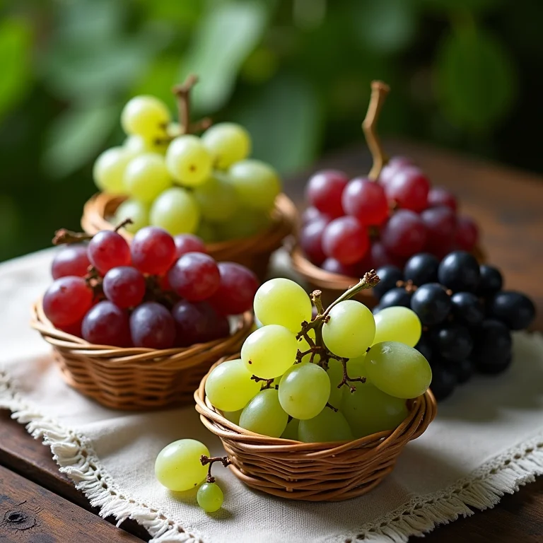Variedade de uvas frescas em cestas.
