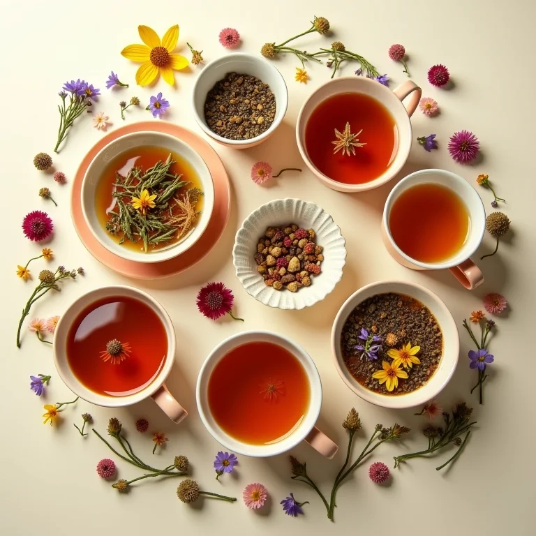 Variedade de xícaras de chá coloridas com chás de ervas e flores secas.