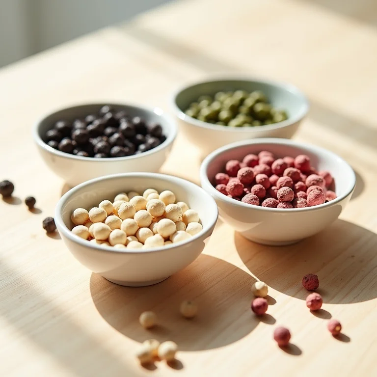 Variedades de pimenta do reino: preta, branca, verde e rosa.