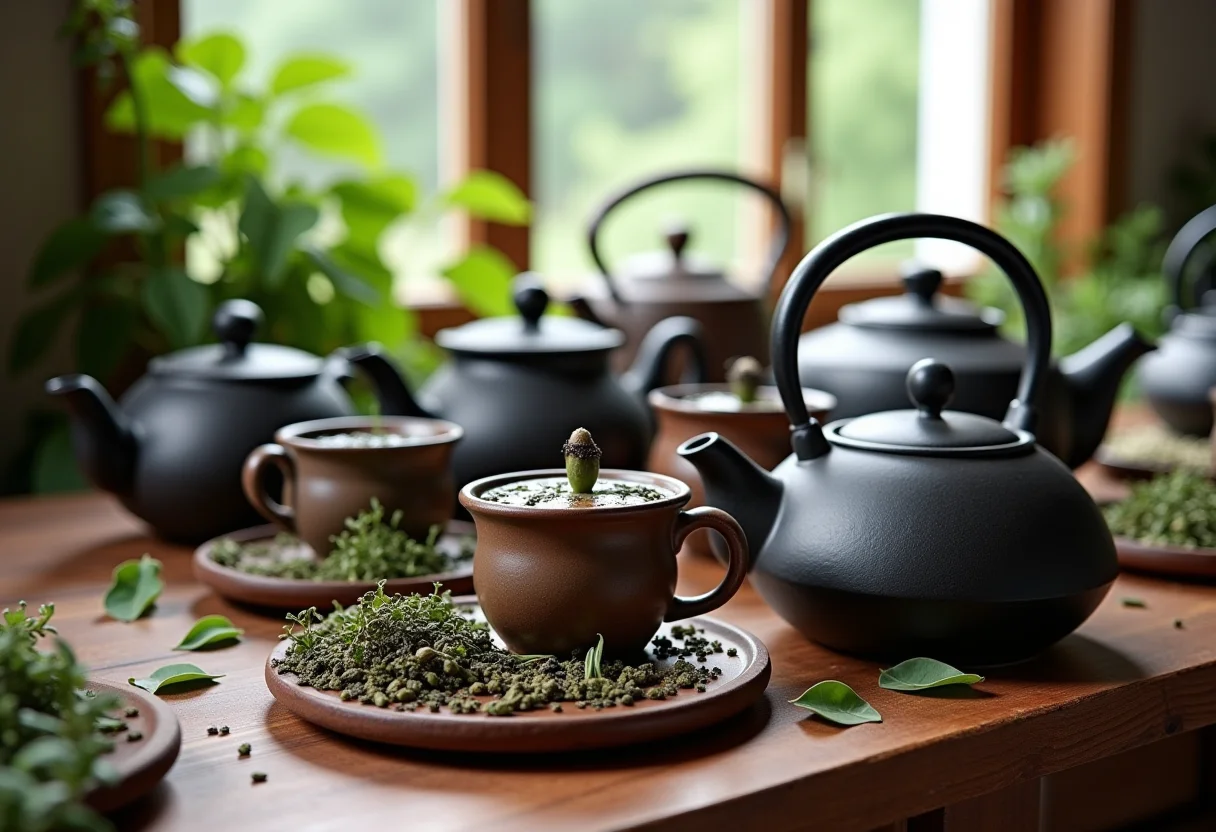 Vários bules de diferentes materiais em uma mesa rústica com ervas e folhas de chá.