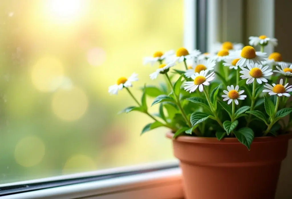 Cultivando Camomila em Vaso: Segredos para flores o ano todo Vaso de camomila florido em uma janela ensolarada