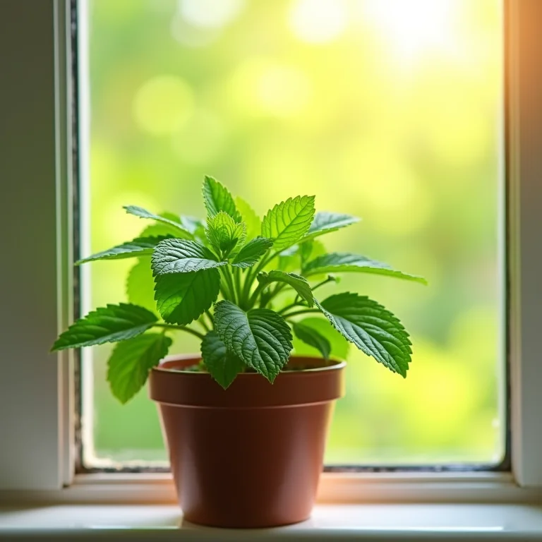 Vaso de hortelã recebendo luz solar na janela.