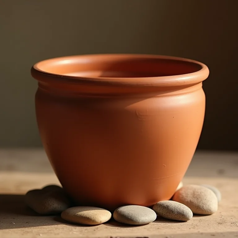 Vaso de terracota com pedras de drenagem no fundo