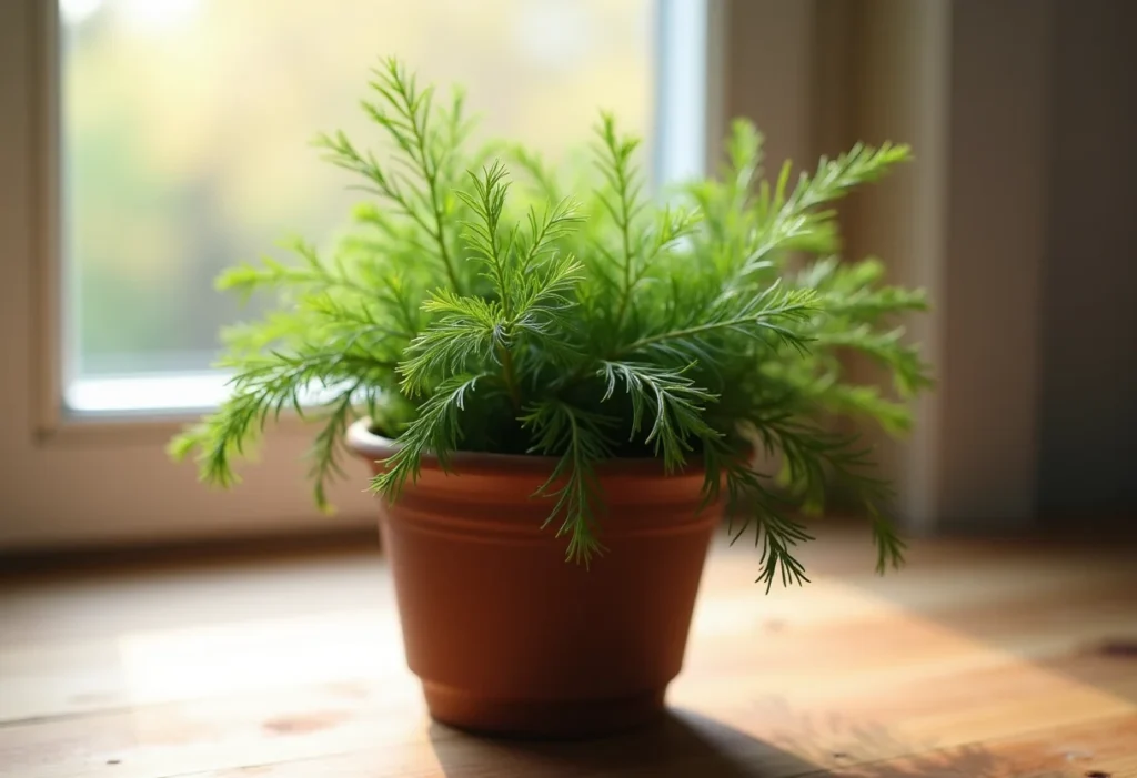 Endro em casa: Guia prático para plantar e colher sem erros Vasos de endro frescos em bancada de cozinha ensolarada.