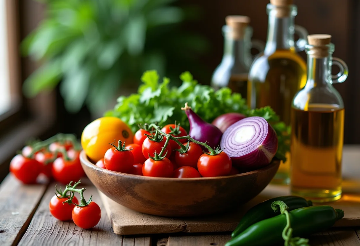 Vinagrete fresco e ingredientes coloridos em uma mesa rústica