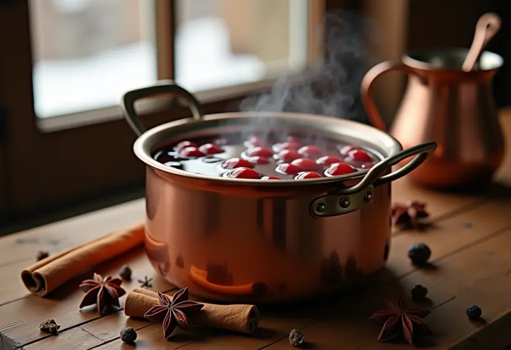 Vinho quente fumegante com especiarias.