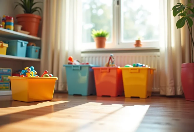 Visão geral de um quarto de brinquedos organizado com luz natural