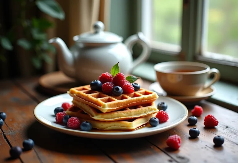 Waffles com chá e ingredientes em mesa rústica