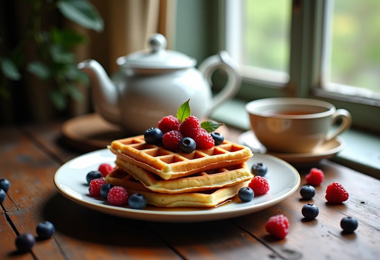 Waffles com chá e ingredientes em mesa rústica