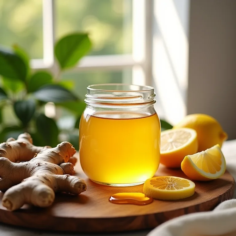 Xarope caseiro de gengibre, limão e mel em pote de vidro
