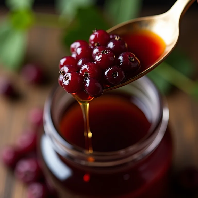 Xarope de sabugueiro sendo derramado em colher.