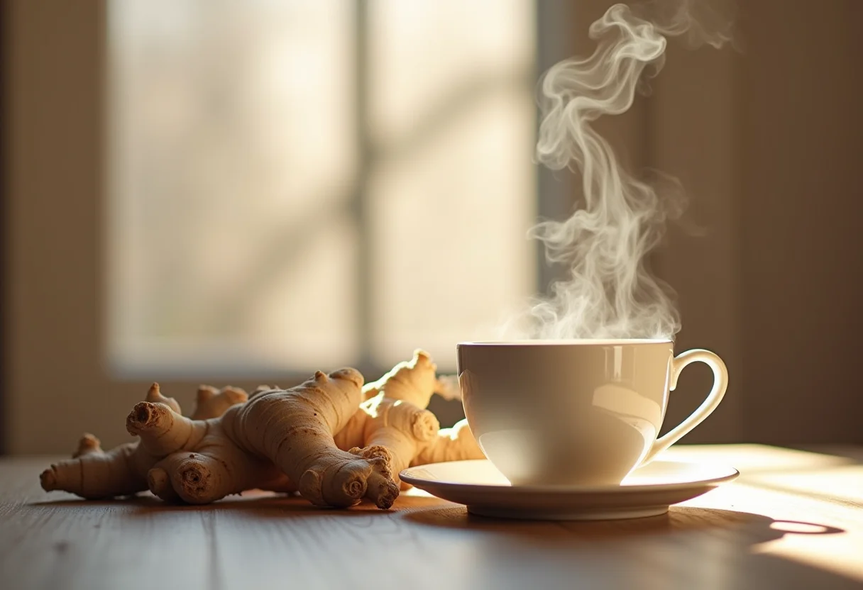Xícara de chá de alteia fumegante com raiz fresca ao lado.