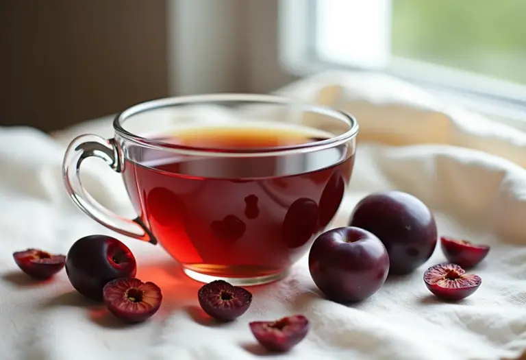 Xícara de chá de ameixa preta com ameixas frescas e secas ao redor