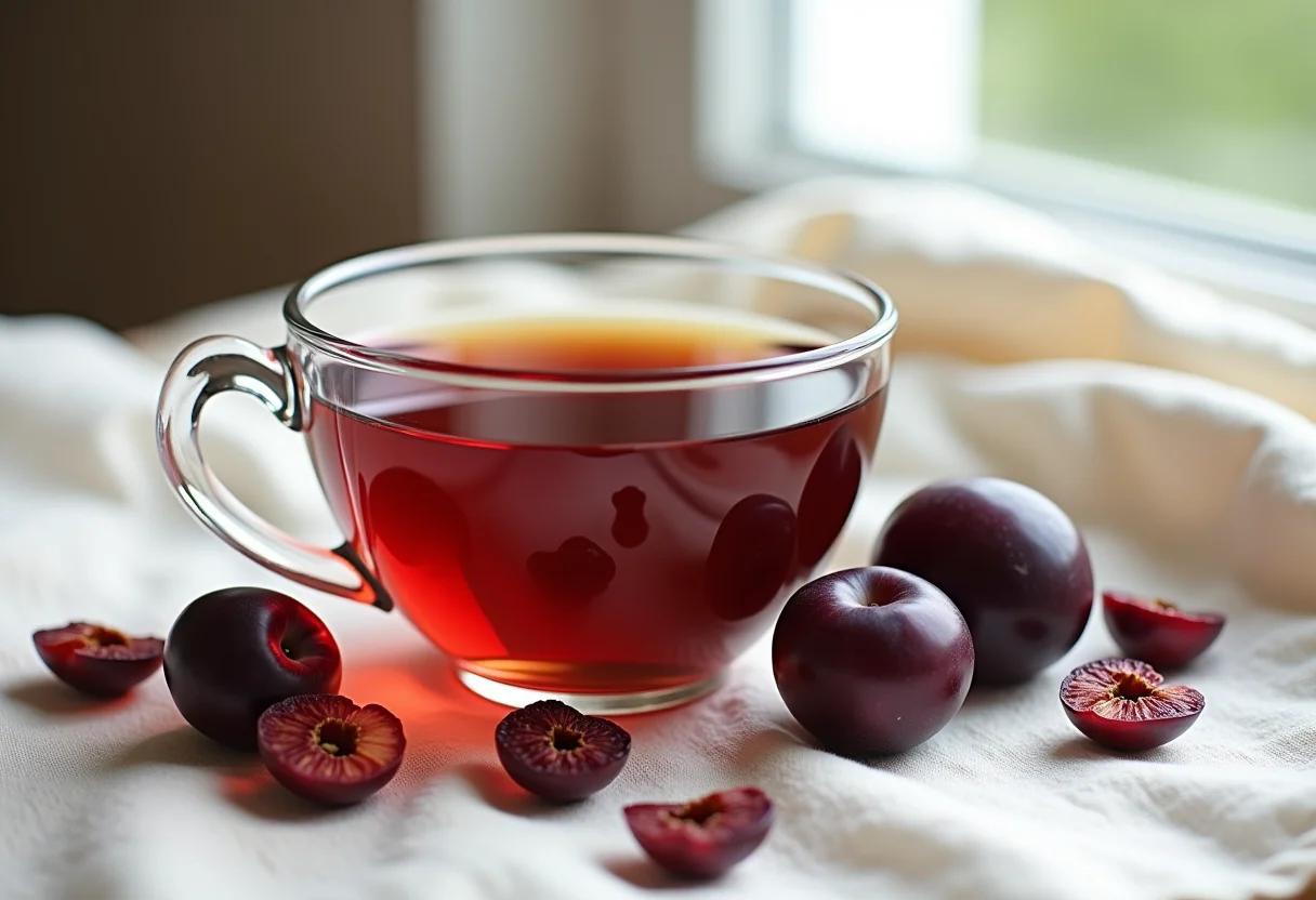 Xícara de chá de ameixa preta com ameixas frescas e secas ao redor