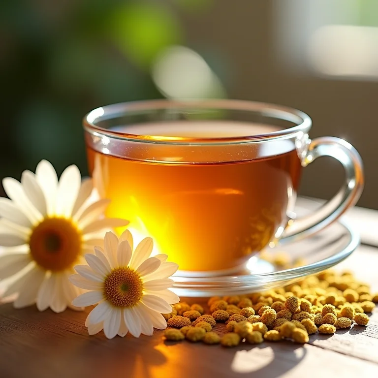 Xícara de chá de camomila com flores frescas e secas