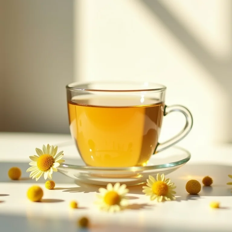 Xícara de chá de camomila com flores secas