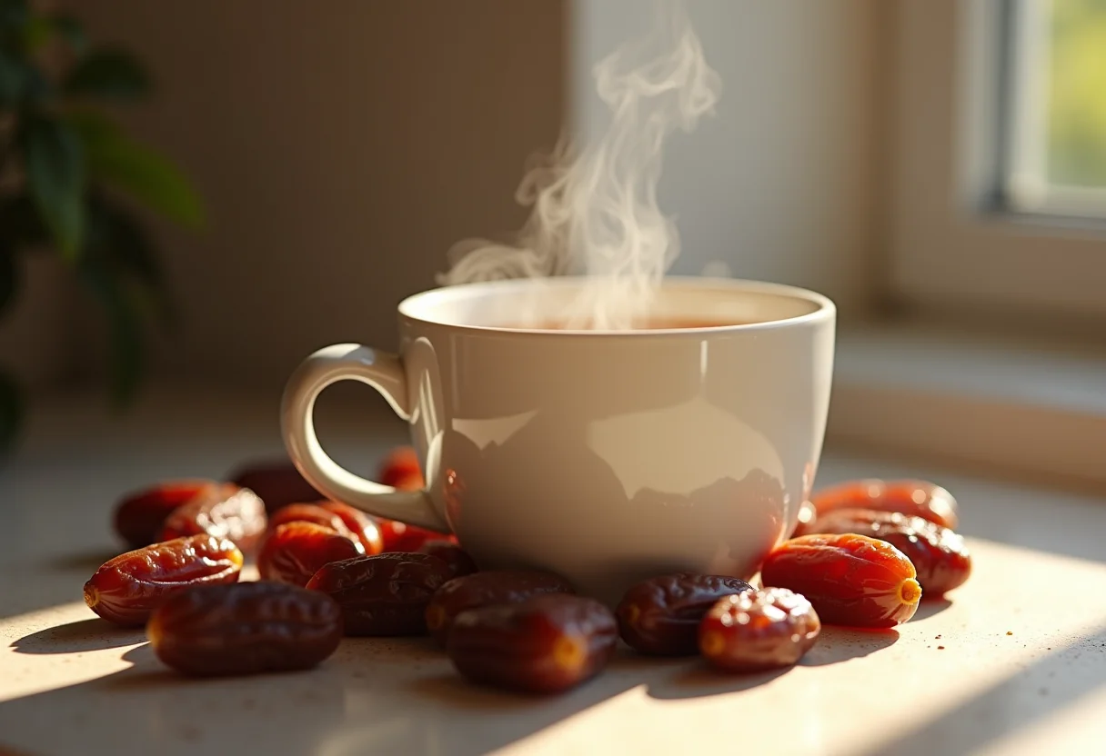 Xícara de chá de caroço de tâmara fumegante ao lado de tâmaras secas.