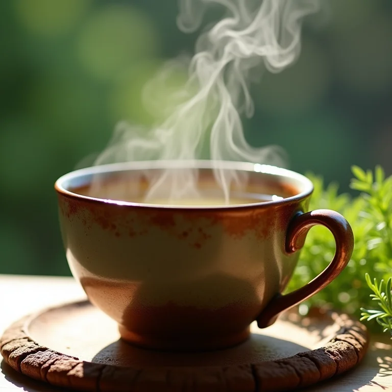 Xícara de chá de endro fumegante com detalhes da infusão