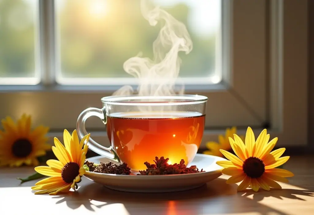 Xícara de chá de Equinácea fumegante com flores frescas e ervas secas ao redor.