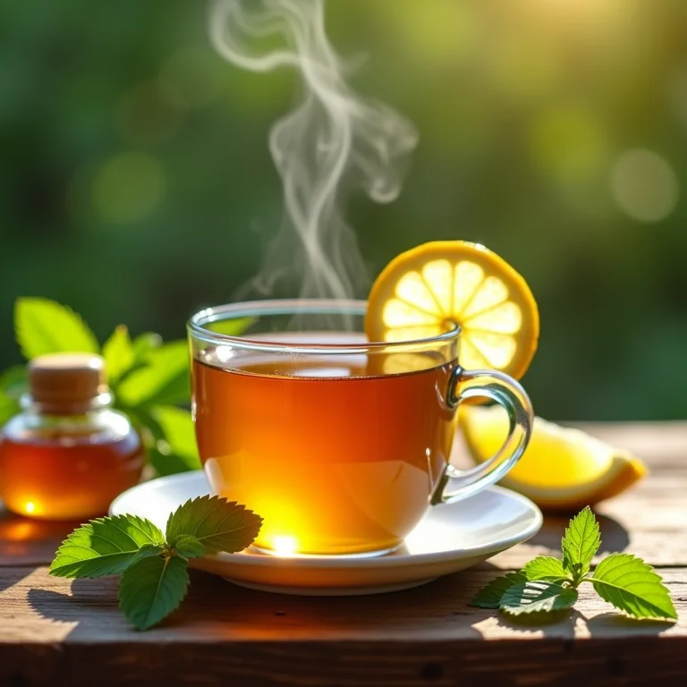 Xícara de chá de erva cidreira com ingredientes frescos e mel.