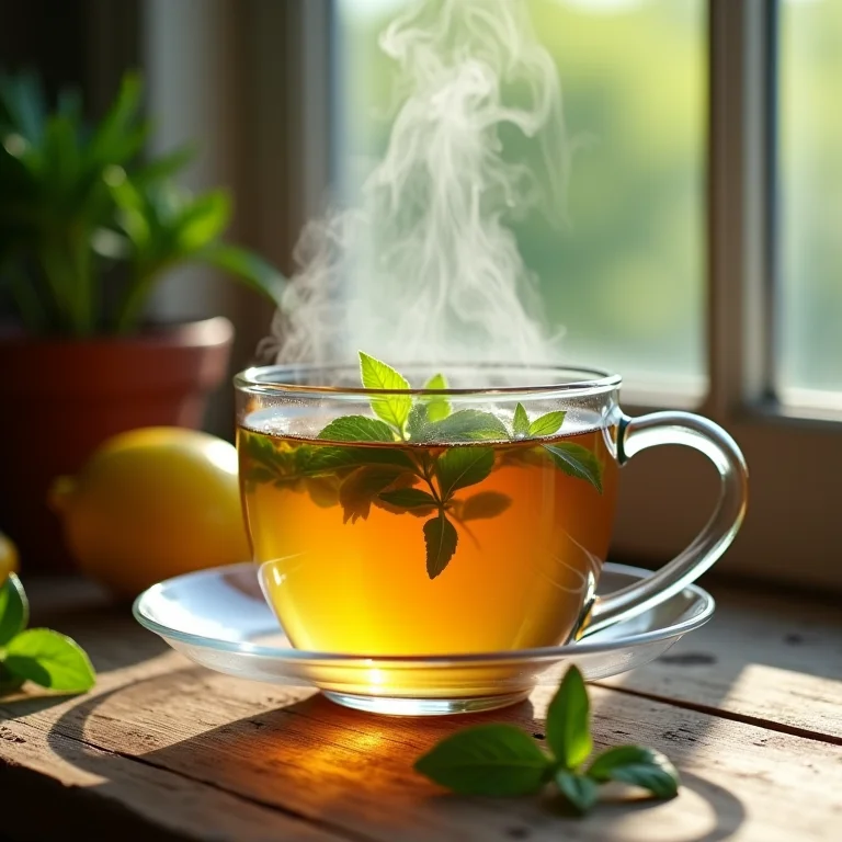 Xícara de chá de erva cidreira fumegante.