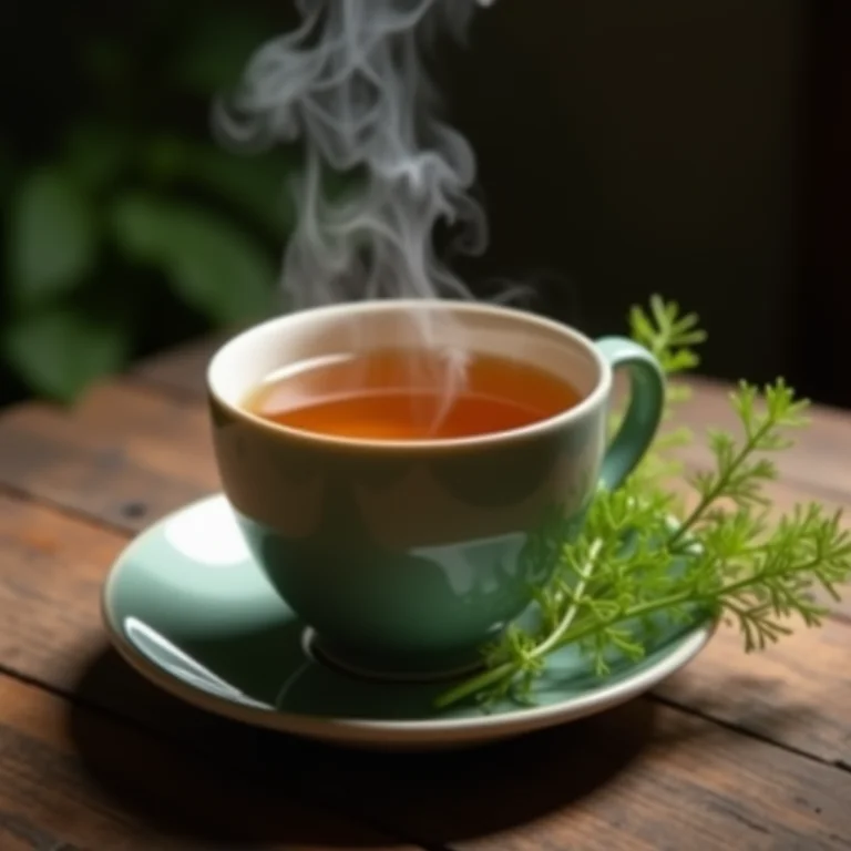 Xícara de chá de erva doce fumegante com um raminho de erva doce fresca ao lado.