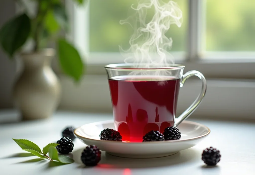 Chá de folha de amora: Descubra o sabor secreto e seus benefícios! Xícara de chá de folha de amora com amoras frescas