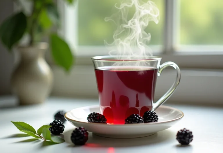 Xícara de chá de folha de amora com amoras frescas