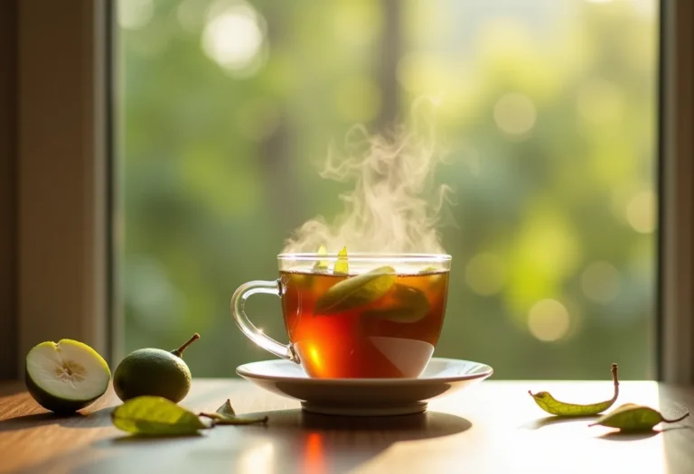 Xícara de chá de folha de goiaba fumegante em uma mesa iluminada pela luz natural
