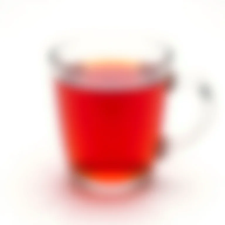 Xícara de chá de hibisco com cor vibrante em fundo branco.