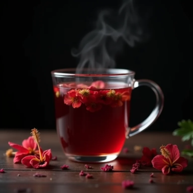 Xícara de chá de hibisco com vapor e flores secas.