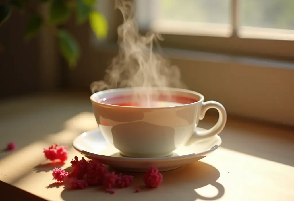 Xícara de chá de hibisco fumegante com flores secas ao redor.