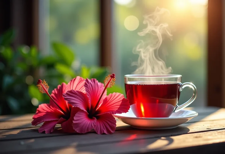 Xícara de chá de hibisco fumegante em mesa rústica com flores de hibisco ao redor.