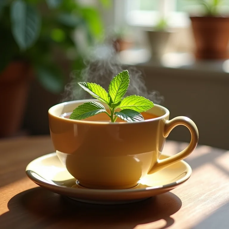 Xícara de chá de hortelã quente com folhas frescas