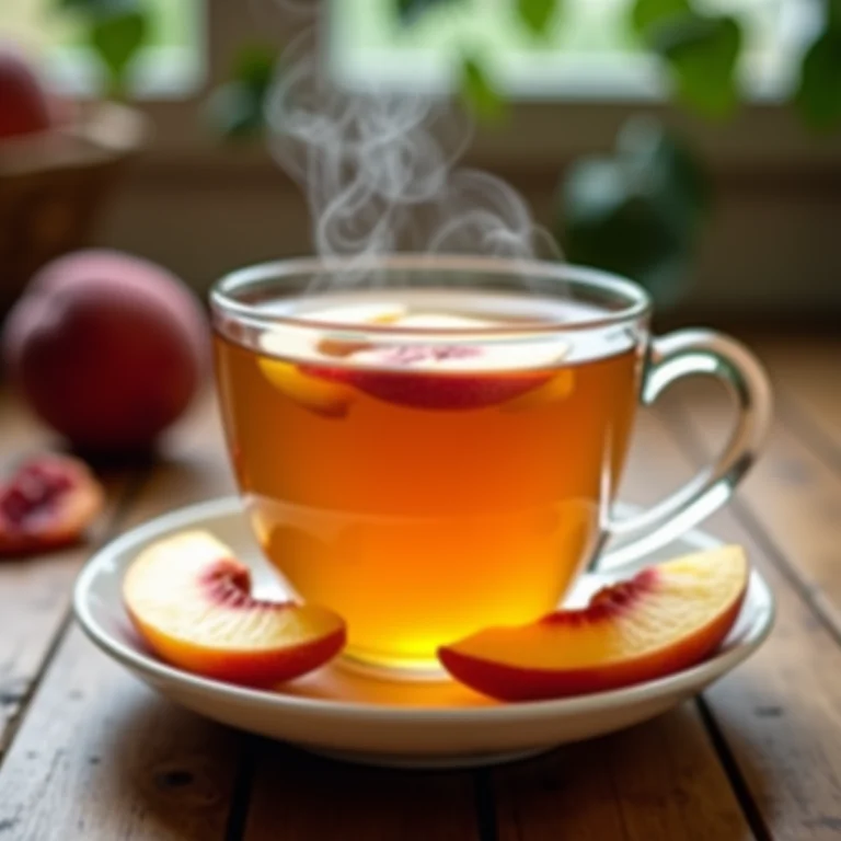 Xícara de chá de pêssego fumegante com fatias de pêssego