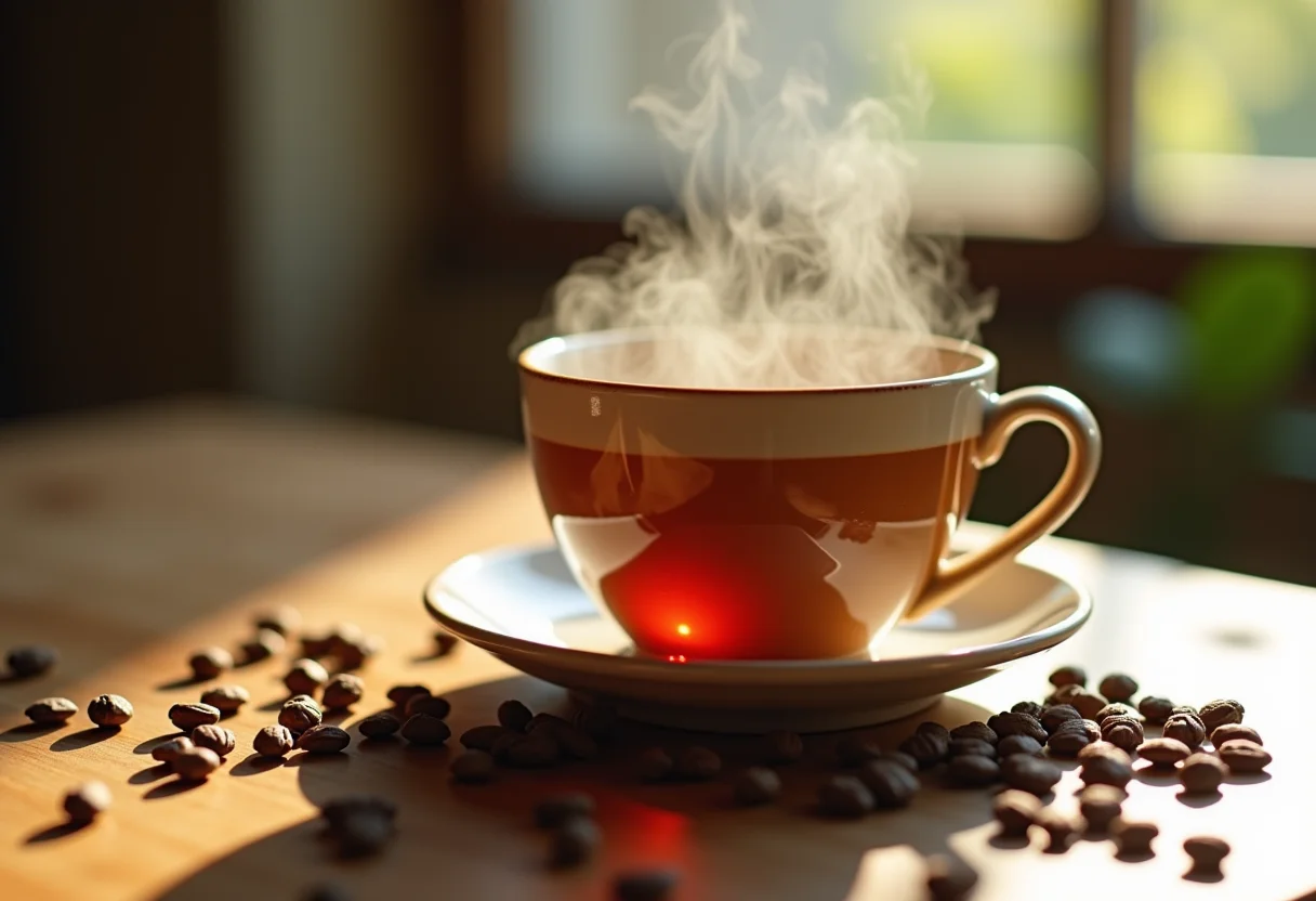 Xícara de chá de sucupira fumegante com sementes ao redor