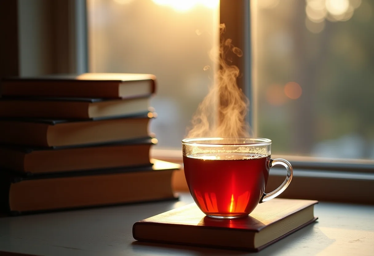 Xícara de chá fumegante ao lado de livros clássicos