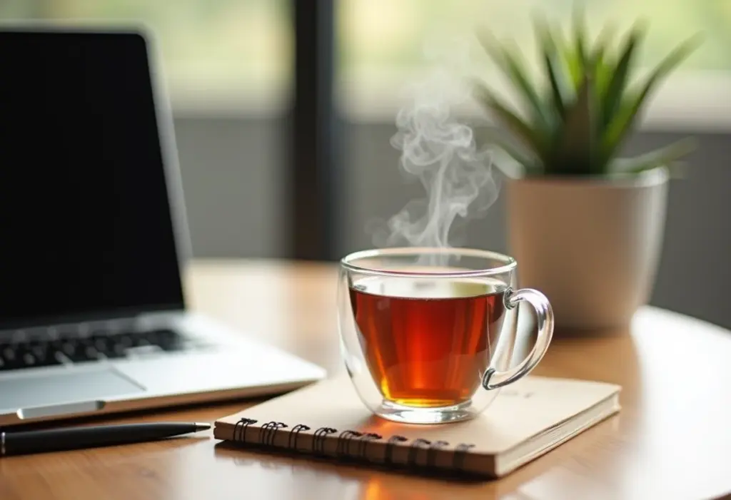 Chá e trabalho noturno: o segredo para uma noite produtiva Xícara de chá fumegante ao lado de um laptop e um caderno, ideal para uma noite de trabalho produtivo.