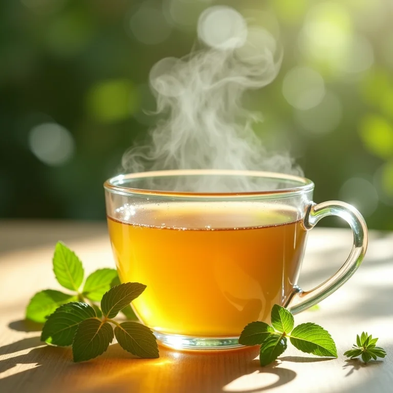 Xícara de chá fumegante com folhas de erva cidreira ao redor.