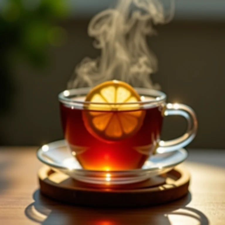 Xícara de chá preto com limão fumegante