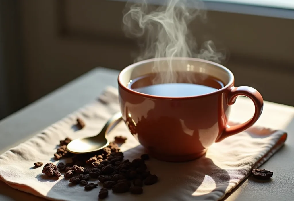 Chá Preto: O segredo para turbinar sua saúde (e você nem sabia) Xícara de chá preto fumegante com folhas de chá ao redor