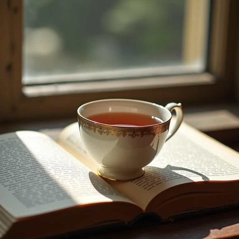 Xícara de chá preto inglês com livro de literatura inglesa