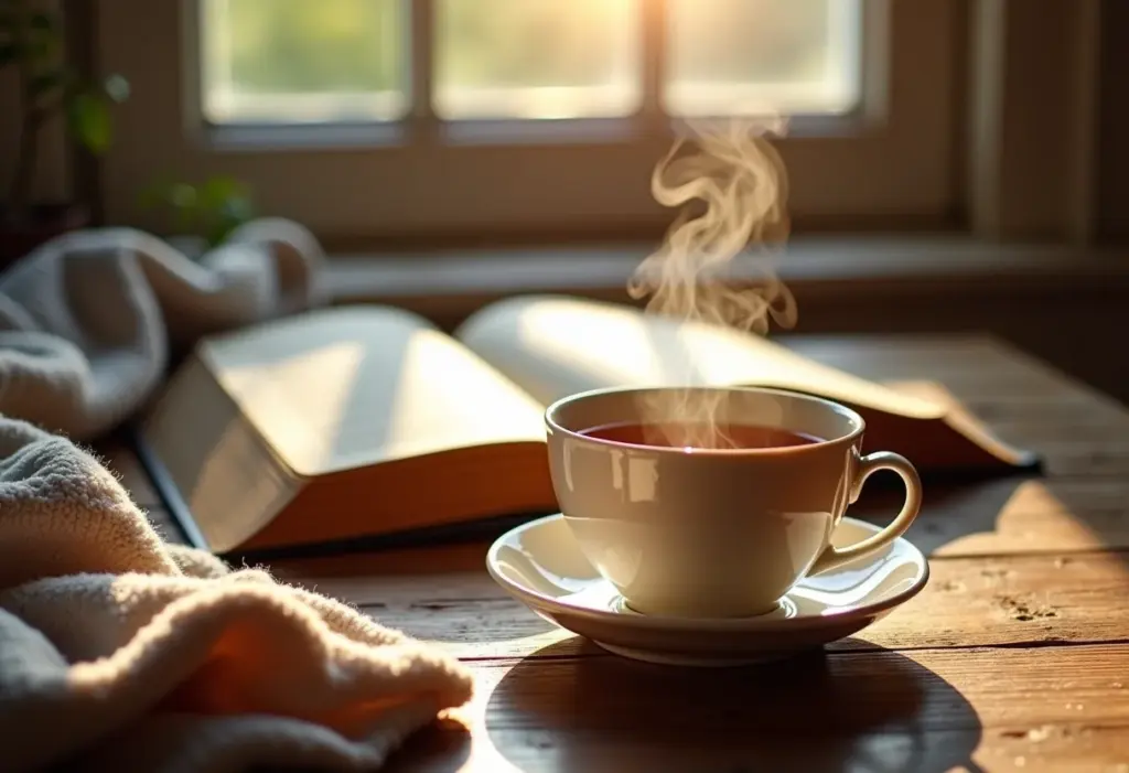 Xícara de chá quente em dia chuvoso.
