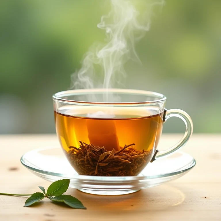 Xícara de chá transparente com saquinho de chá em infusão.