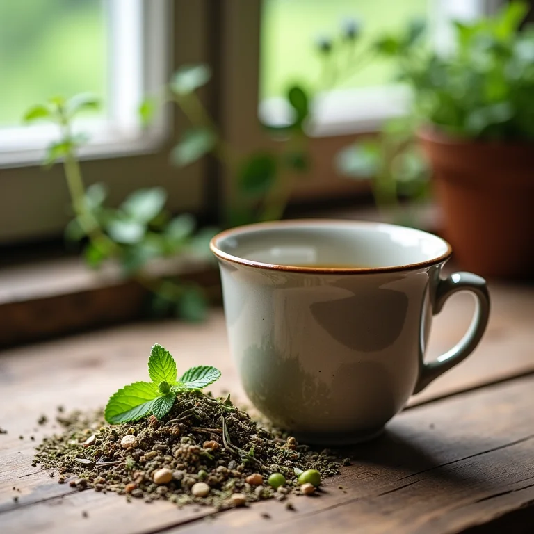 Xícara de chá vazia ao lado de ervas secas em mesa de madeira.