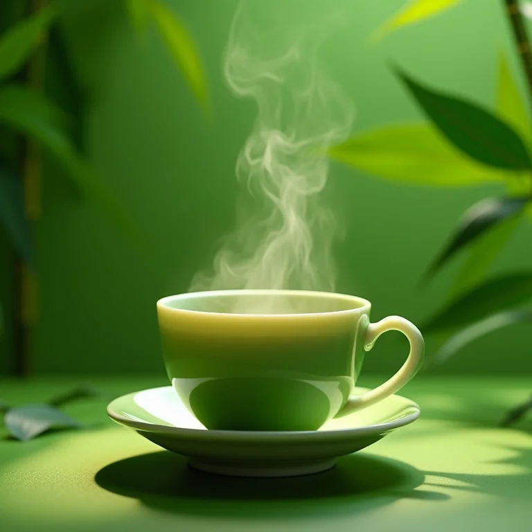 Xícara de chá verde fumegante com folhas de bambu.