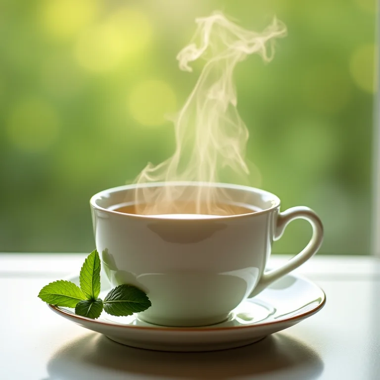 Xícara de porcelana com chá de erva cidreira e ramo de erva fresca